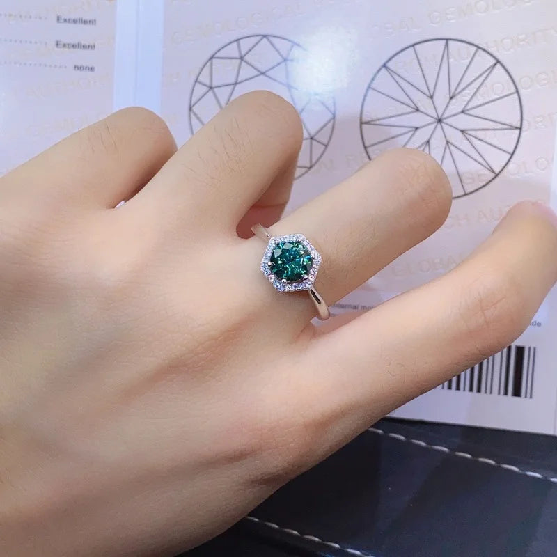 Anillo redondo de moissanita para mujer, 1 quilate, Color verde