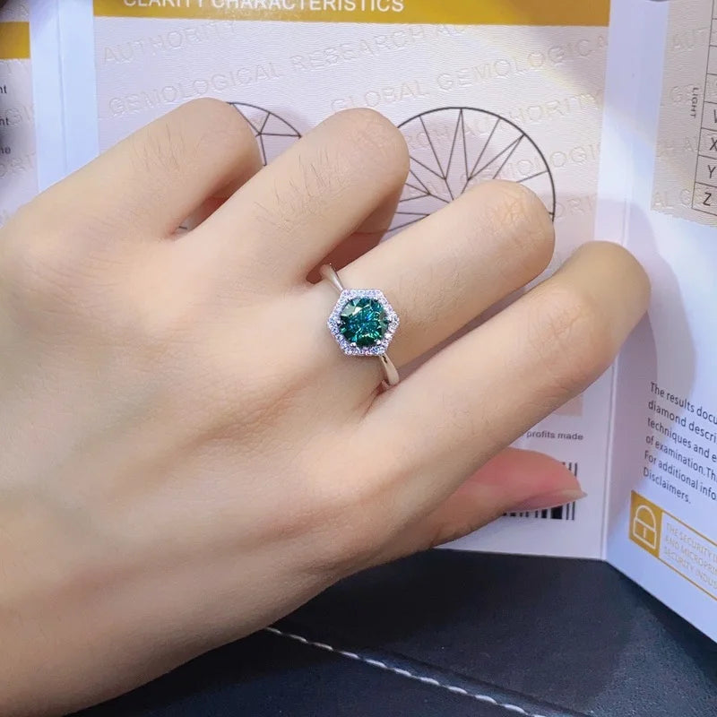 Anillo redondo de moissanita para mujer, 1 quilate, Color verde