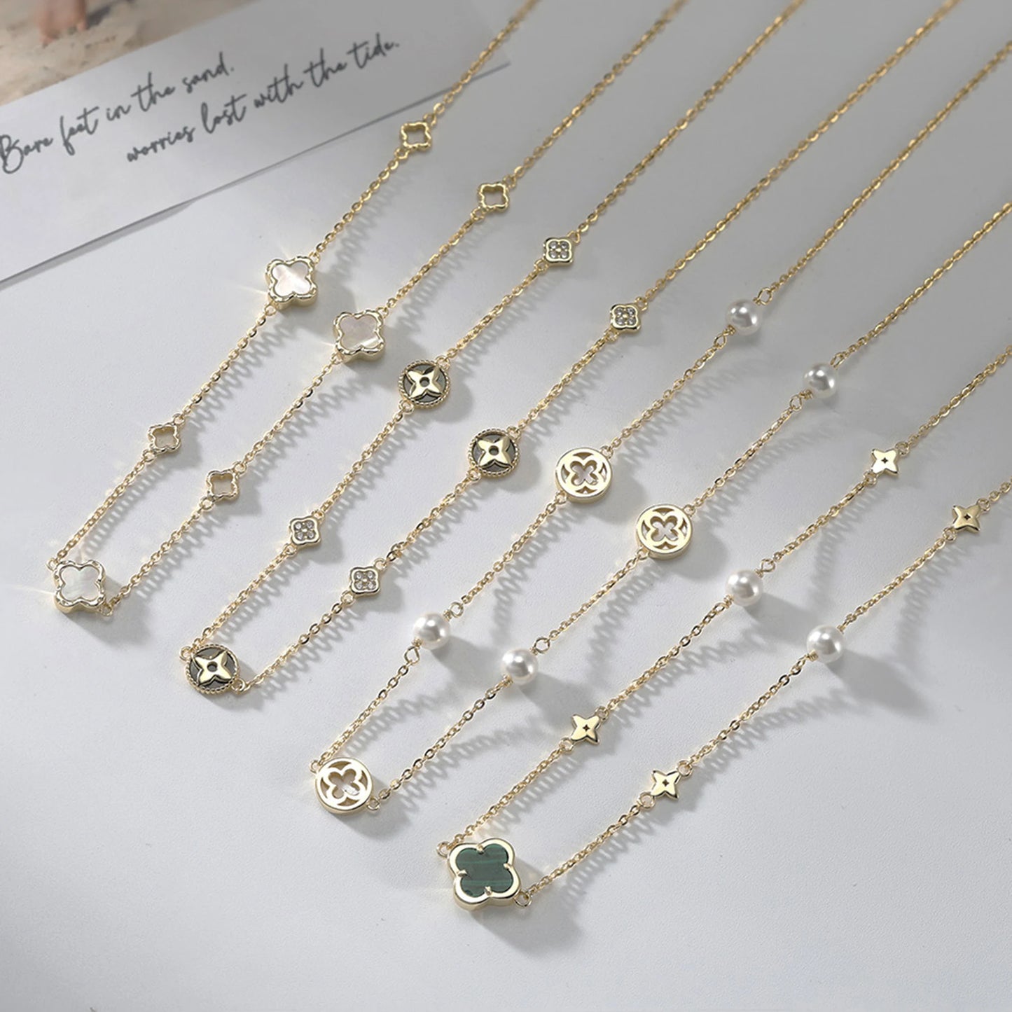 Gargantilla de plata S925 con diseño de trébol de cuatro hojas y hebra de conchas, estilo natural, regalo elegante para uso informal