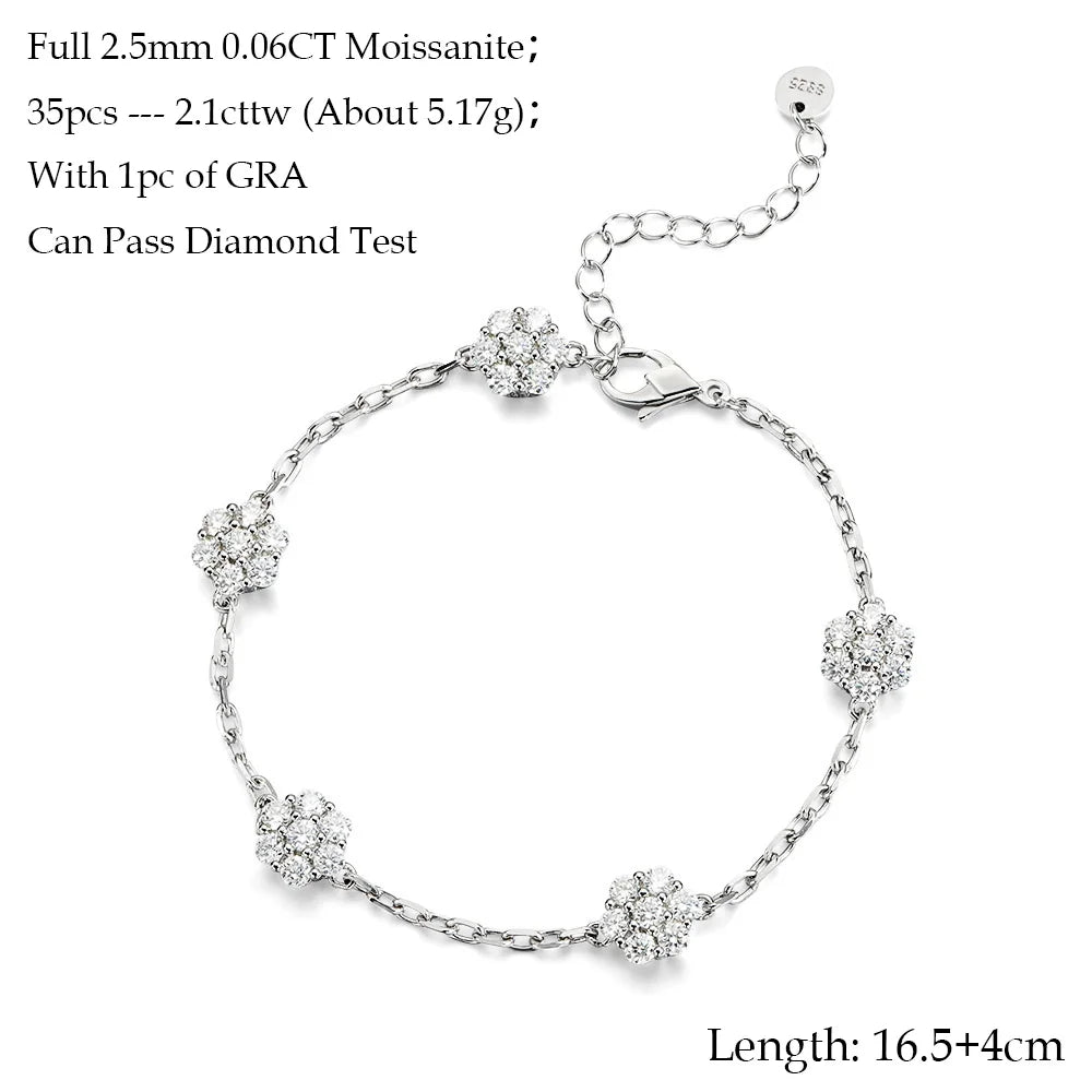 Pulsera de flores de plata de ley 925 con moissanita