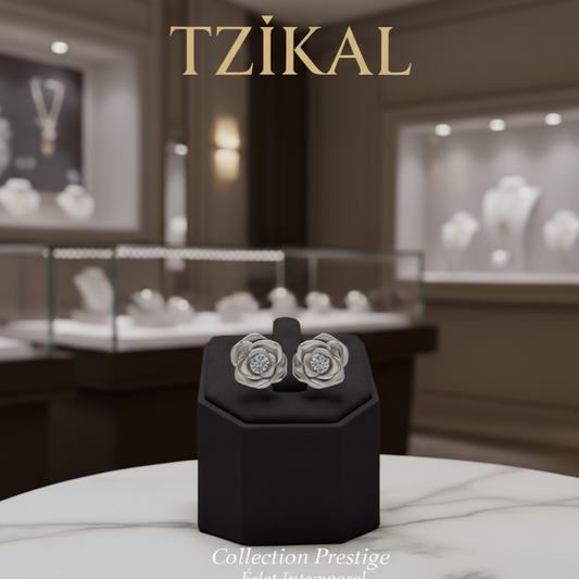 Juego de aretes diseño floral, plata con moissanita