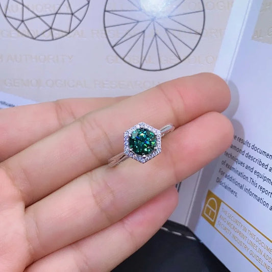 Anillo redondo de moissanita para mujer, 1 quilate, Color verde