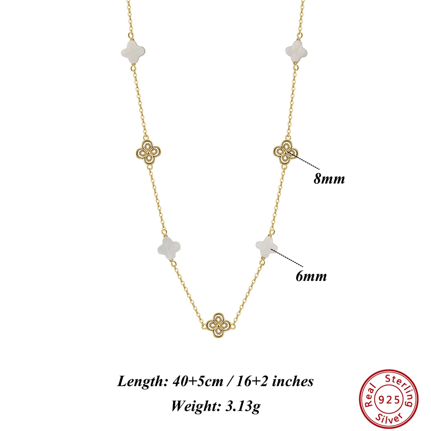 Gargantilla de plata S925 con diseño de trébol de cuatro hojas y hebra de conchas, estilo natural, regalo elegante para uso informal