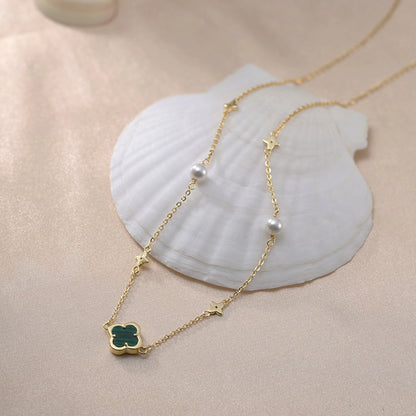Gargantilla de plata S925 con diseño de trébol de cuatro hojas y hebra de conchas, estilo natural, regalo elegante para uso informal