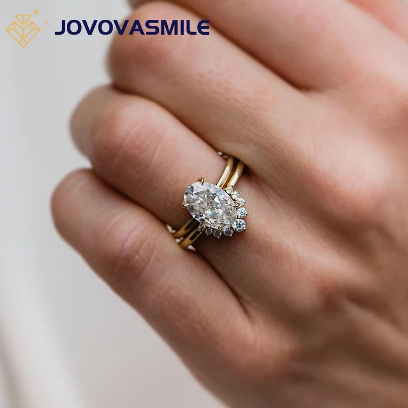 JOVOVASMILE-Juego de anillos de moissanita para mujer, sortija de oro de 14 quilates con corte ovalado de hielo picado, joyería con GRA, 2,5 quilates, 10x6,5mm