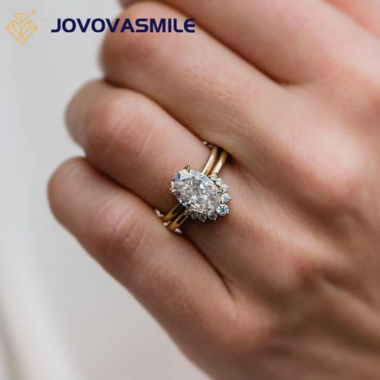 JOVOVASMILE-Juego de anillos de moissanita para mujer, sortija de oro de 14 quilates con corte ovalado de hielo picado, joyería con GRA, 2,5 quilates, 10x6,5mm