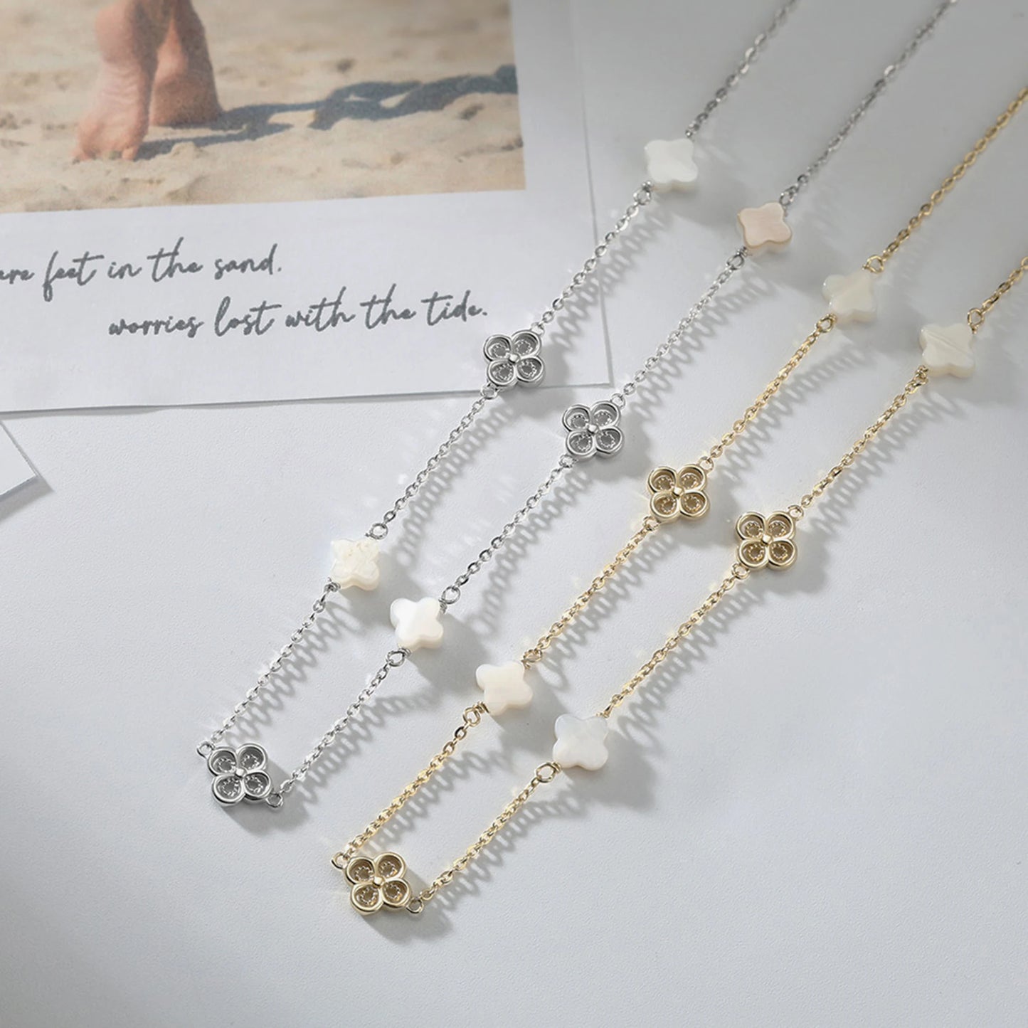 Gargantilla de plata S925 con diseño de trébol de cuatro hojas y hebra de conchas, estilo natural, regalo elegante para uso informal