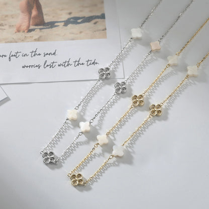 Gargantilla de plata S925 con diseño de trébol de cuatro hojas y hebra de conchas, estilo natural, regalo elegante para uso informal