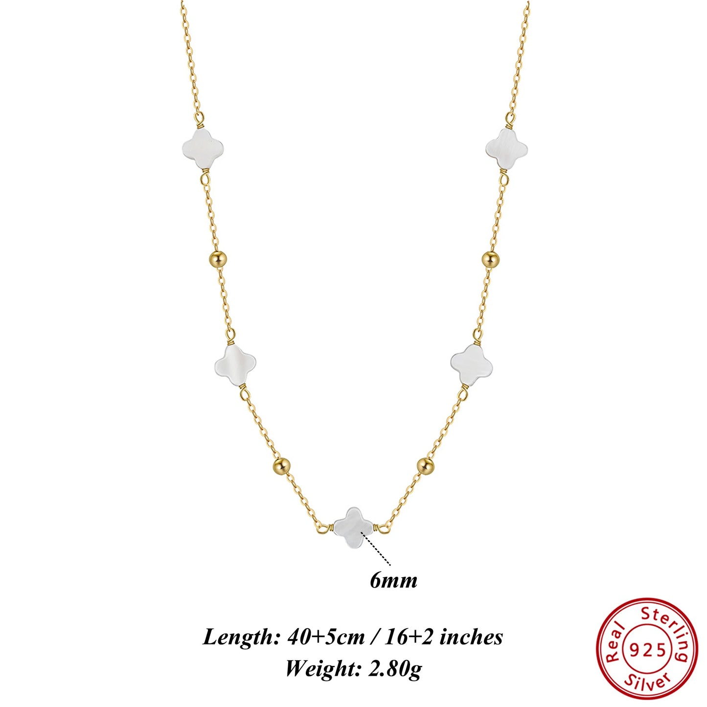 Gargantilla de plata de ley 925 con concha de perla y oro de 14 quilates con adorno de malaquita verde, estilo trébol de cuatro hojas