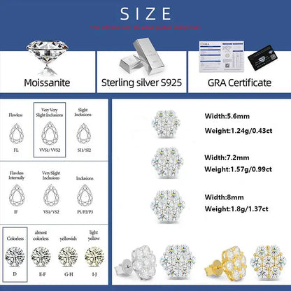 Aretes de moissanita diseño floral de 6 diamantes