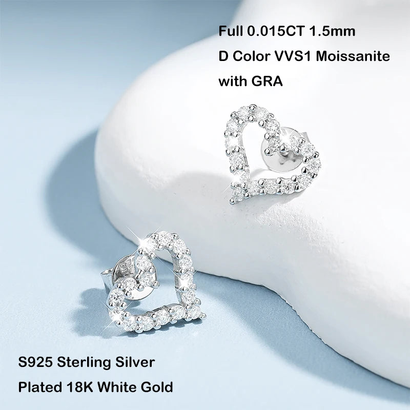Aretes de corazón, plata con moissanita