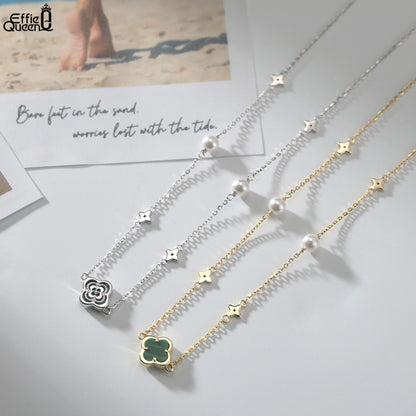 Gargantilla de plata S925 con diseño de trébol de cuatro hojas y hebra de conchas, estilo natural, regalo elegante para uso informal