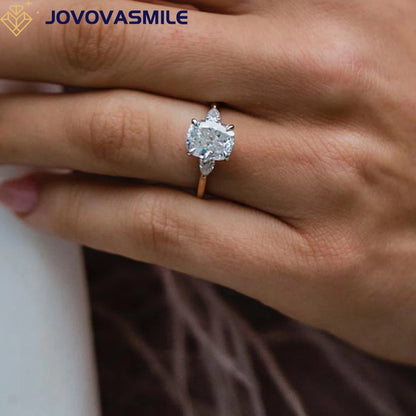 JOVOVASMILE-anillo de compromiso de diamante de moissanita, oro de 18 quilates, 3 quilates, forma de cojín central, 8,5x7,5mm, con dos pequeñas piedras laterales de pera
