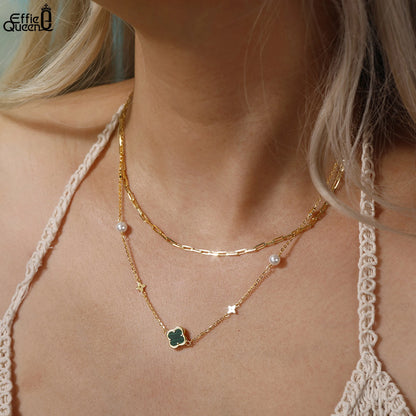 Gargantilla de plata de ley 925 con concha de perla y oro de 14 quilates con adorno de malaquita verde, estilo trébol de cuatro hojas