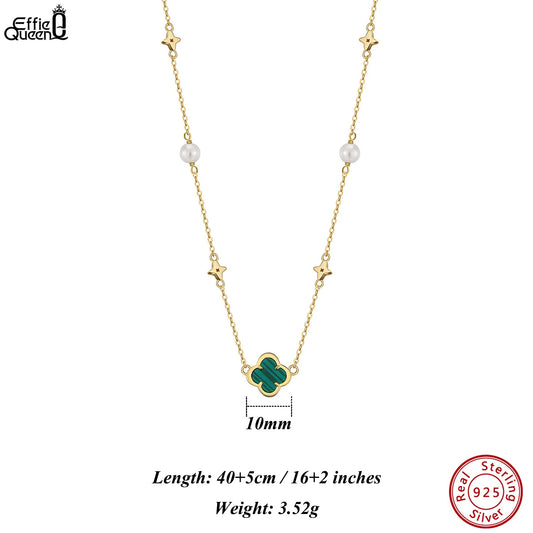Gargantilla de plata de ley 925 con concha de perla y oro de 14 quilates con adorno de malaquita verde, estilo trébol de cuatro hojas