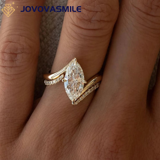 JOVOVASMILE-Conjunto de anillos de moissanita de 2 quilates para mujer, 2 uds., 6x12mm, corte Marquesa, Color D, oro amarillo de 14k, joyería fina, certificado GRA