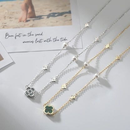 Gargantilla de plata S925 con diseño de trébol de cuatro hojas y hebra de conchas, estilo natural, regalo elegante para uso informal