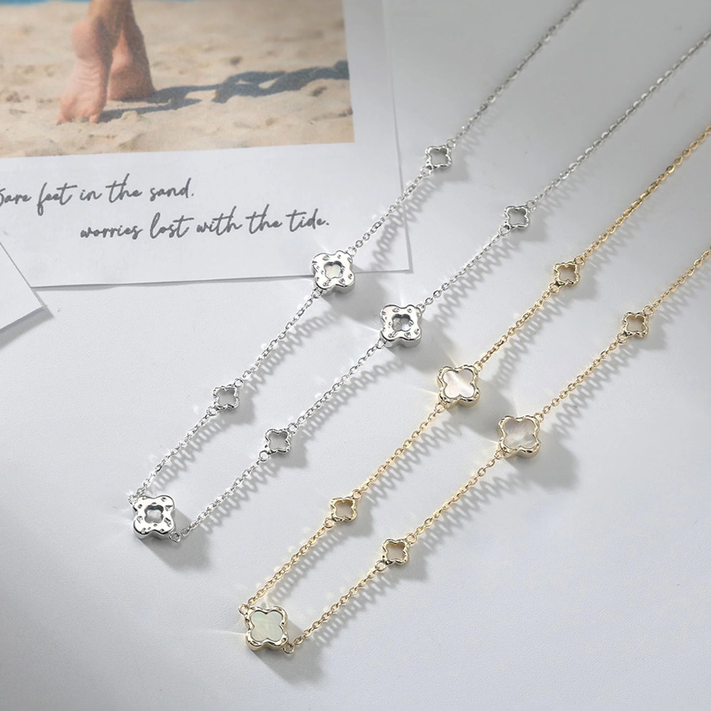 Gargantilla de plata S925 con diseño de trébol de cuatro hojas y hebra de conchas, estilo natural, regalo elegante para uso informal