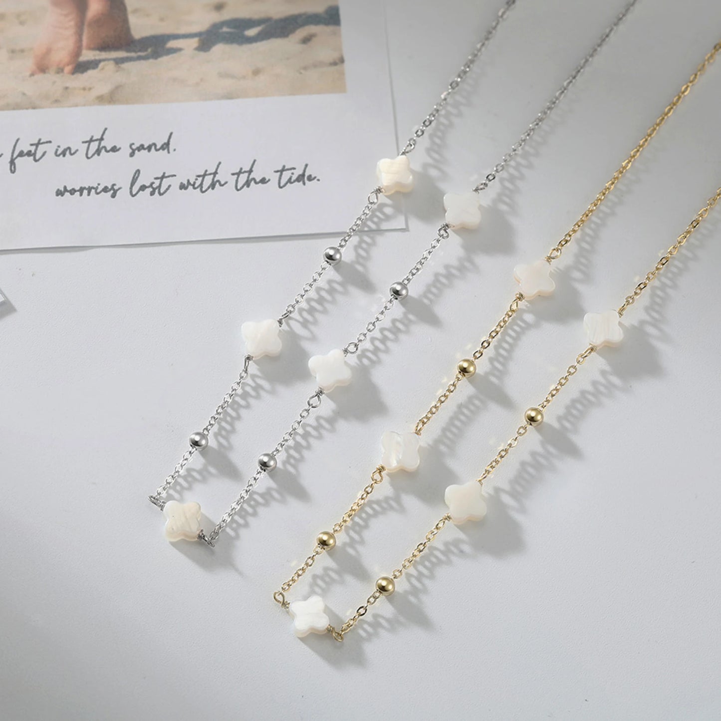Gargantilla de plata S925 con diseño de trébol de cuatro hojas y hebra de conchas, estilo natural, regalo elegante para uso informal