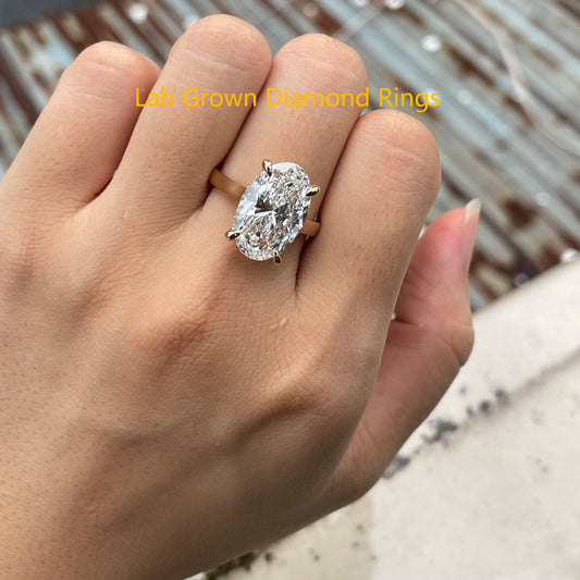 Anillo de compromiso de oro amarillo de 14k con ajuste de punta de piedra principal de 7 quilates con diamante de corte ovalado cultivado en laboratorio para mujer, joyería fina, certificado IGI