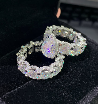 Anillo de moissanita 5 quilates con corte de pera D VVS con diamante moissanita redondo de 6mm, conjunto de anillos de moissanita para mujer