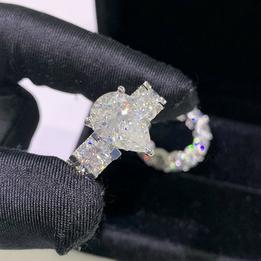 Anillo de moissanita 5 quilates con corte de pera D VVS con diamante moissanita redondo de 6mm, conjunto de anillos de moissanita para mujer