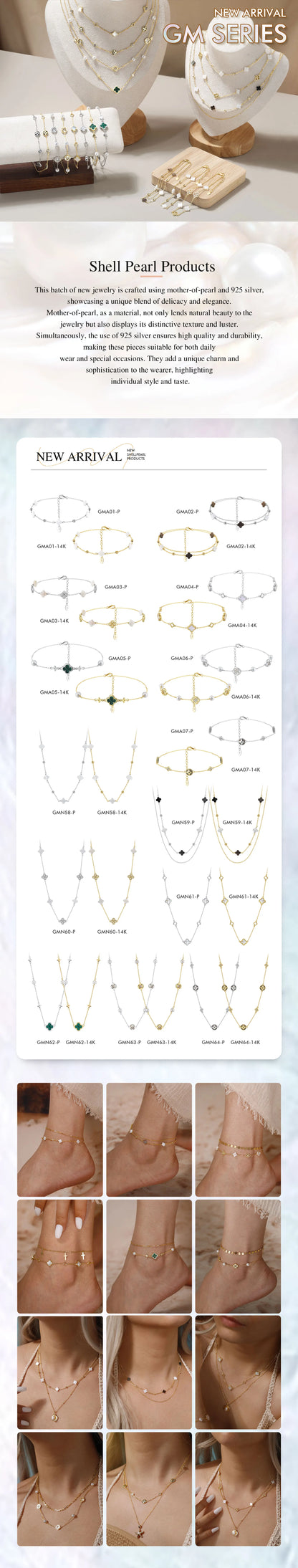 Gargantilla de plata S925 con diseño de trébol de cuatro hojas y hebra de conchas, estilo natural, regalo elegante para uso informal