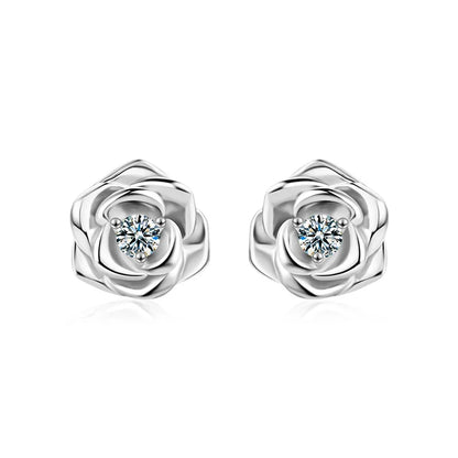 Juego de aretes diseño floral, plata con moissanita