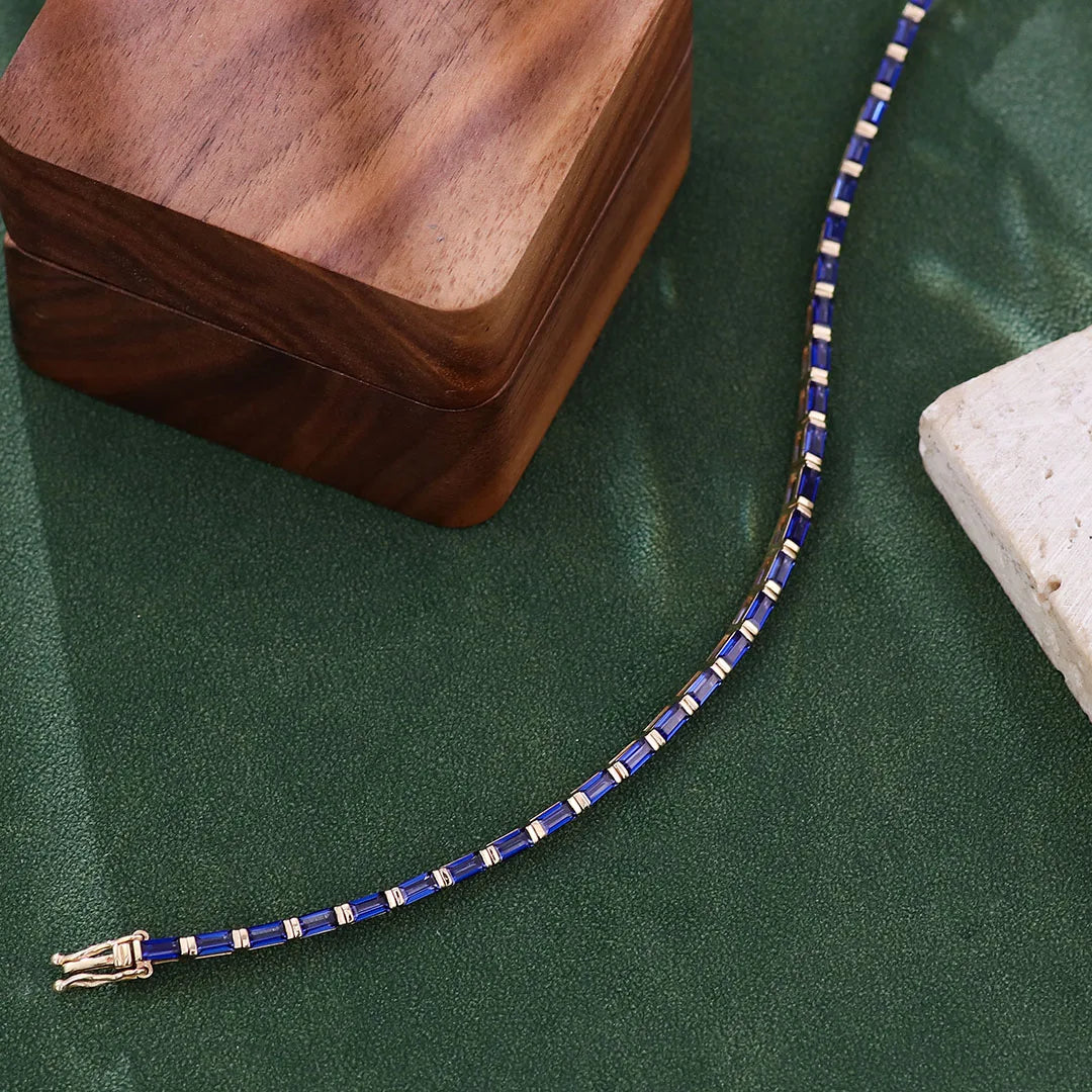 Pulseras de cadena de tenis de oro macizo de 10K/14K de Provenza, pulsera de zafiro de laboratorio con corte baguette para mujer, regalo personalizado de cumpleaños y aniversario