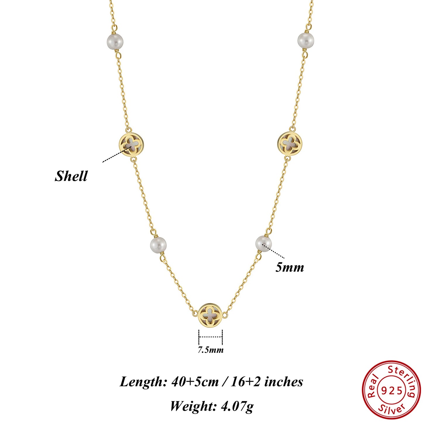 Gargantilla de plata S925 con diseño de trébol de cuatro hojas y hebra de conchas, estilo natural, regalo elegante para uso informal