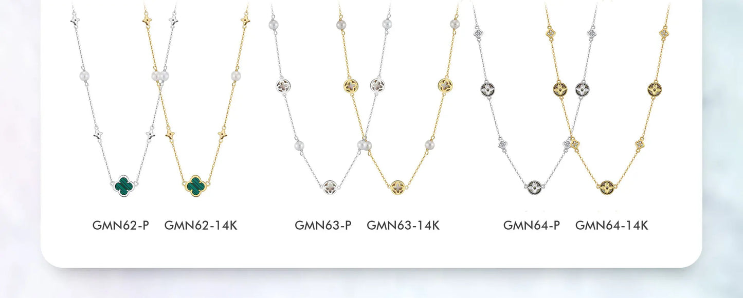 Gargantilla de plata de ley 925 con concha de perla y oro de 14 quilates con adorno de malaquita verde, estilo trébol de cuatro hojas