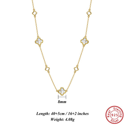 Gargantilla de plata de ley 925 con concha de perla y oro de 14 quilates con adorno de malaquita verde, estilo trébol de cuatro hojas
