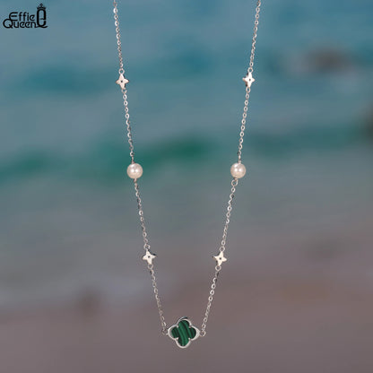 Gargantilla de plata de ley 925 con concha de perla y oro de 14 quilates con adorno de malaquita verde, estilo trébol de cuatro hojas