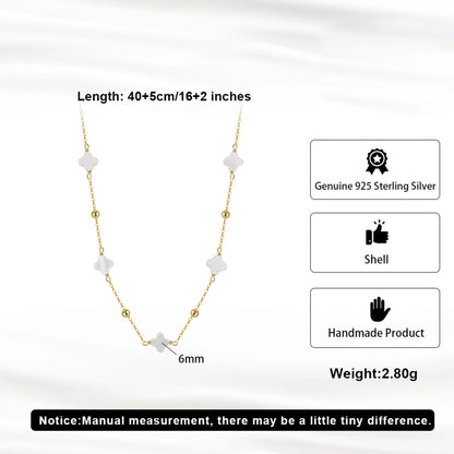 Gargantilla de plata S925 con diseño de trébol de cuatro hojas y hebra de conchas, estilo natural, regalo elegante para uso informal