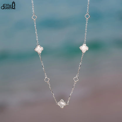 Gargantilla de plata S925 con diseño de trébol de cuatro hojas y hebra de conchas, estilo natural, regalo elegante para uso informal