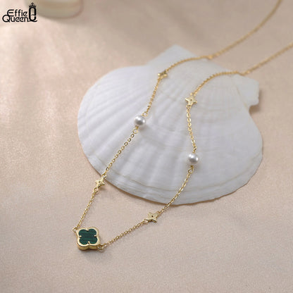 Gargantilla de plata de ley 925 con concha de perla y oro de 14 quilates con adorno de malaquita verde, estilo trébol de cuatro hojas