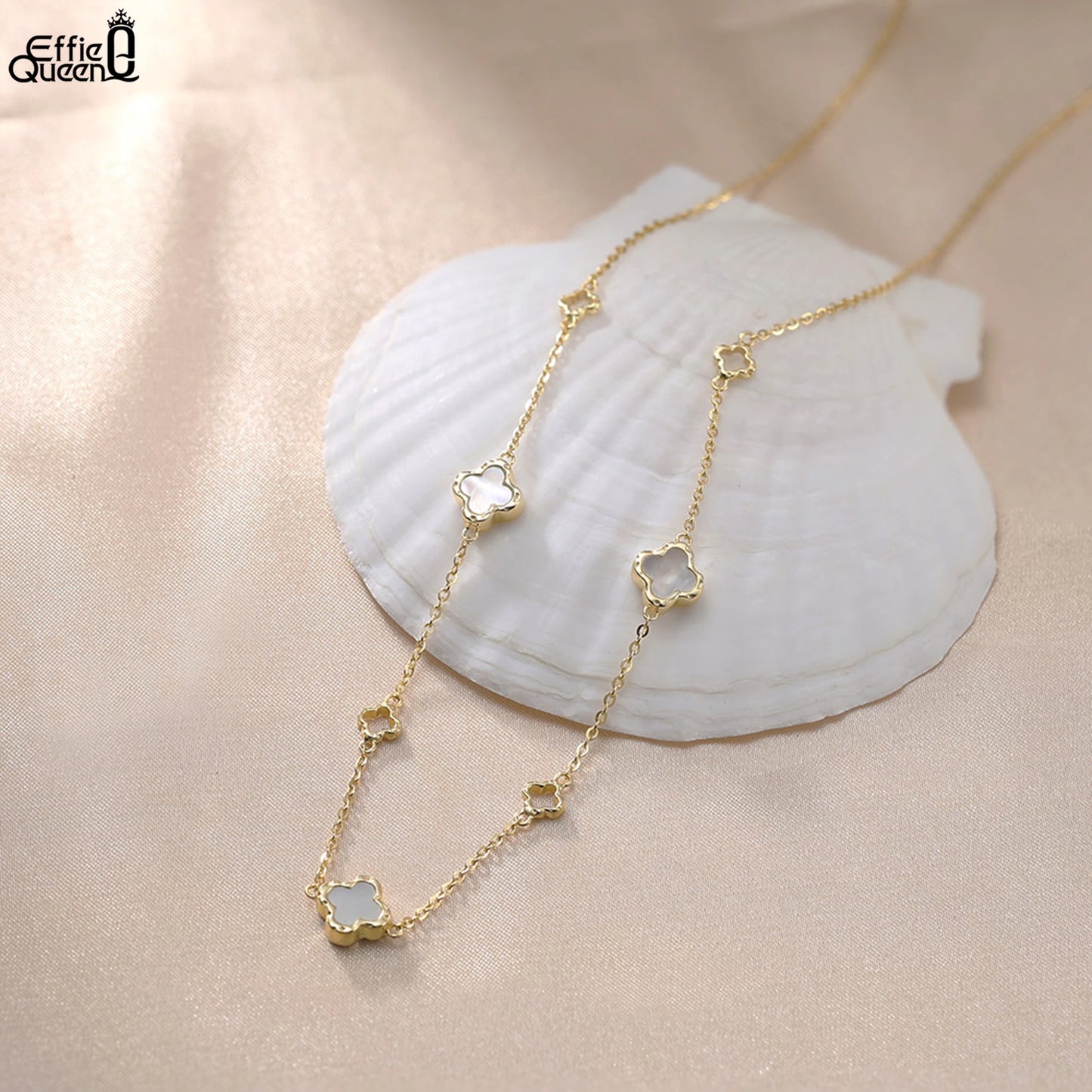 Gargantilla de plata S925 con diseño de trébol de cuatro hojas y hebra de conchas, estilo natural, regalo elegante para uso informal