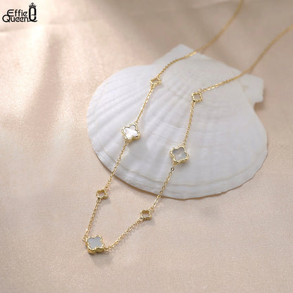 Gargantilla de plata S925 con diseño de trébol de cuatro hojas y hebra de conchas, estilo natural, regalo elegante para uso informal
