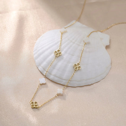Gargantilla de plata S925 con diseño de trébol de cuatro hojas y hebra de conchas, estilo natural, regalo elegante para uso informal