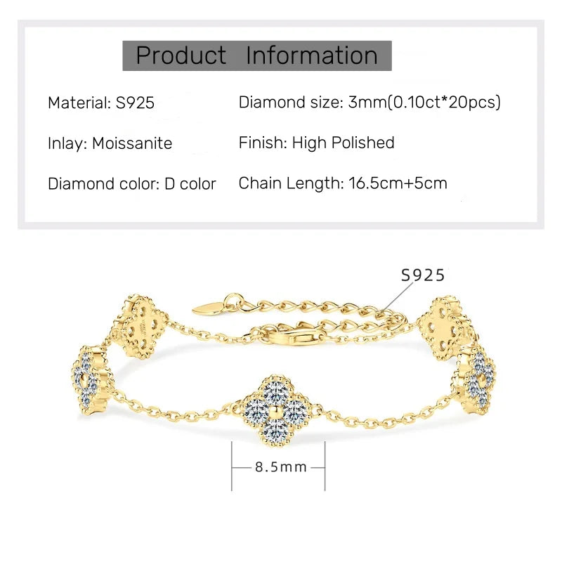 Pulsera de 3 mm con diseño de trébol de moissanita